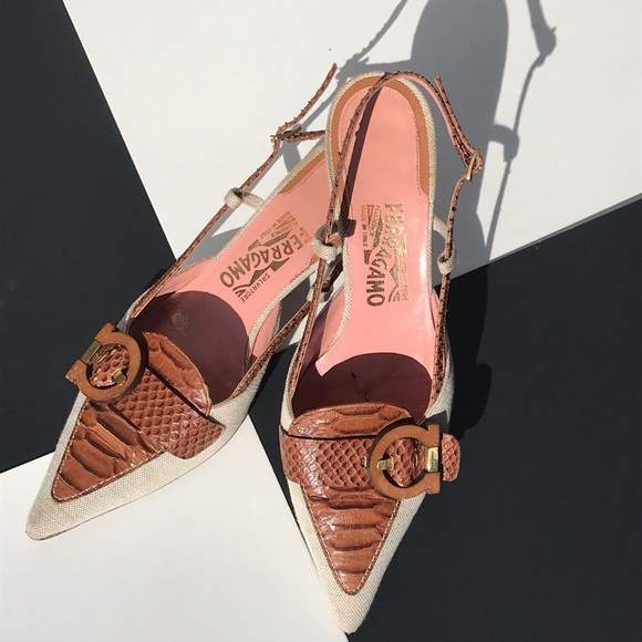 Ferragamo Snakeskin & Canvas Mules / Slingbacks - Picture 3 of 9